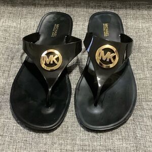 Michael Kors Glossy Black and Gold Logo Sandals